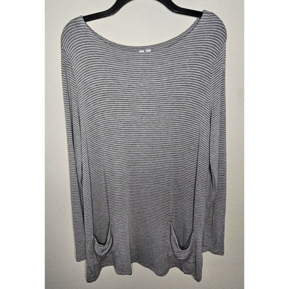 Cable & Gauge Blouse Large Gray White Stripes Tunic Pockets Long Sleeve Scoop Ne